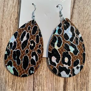 Leopard Reptile Print Iridescent Faux Leather Tear Drop Earrings NWT brown black